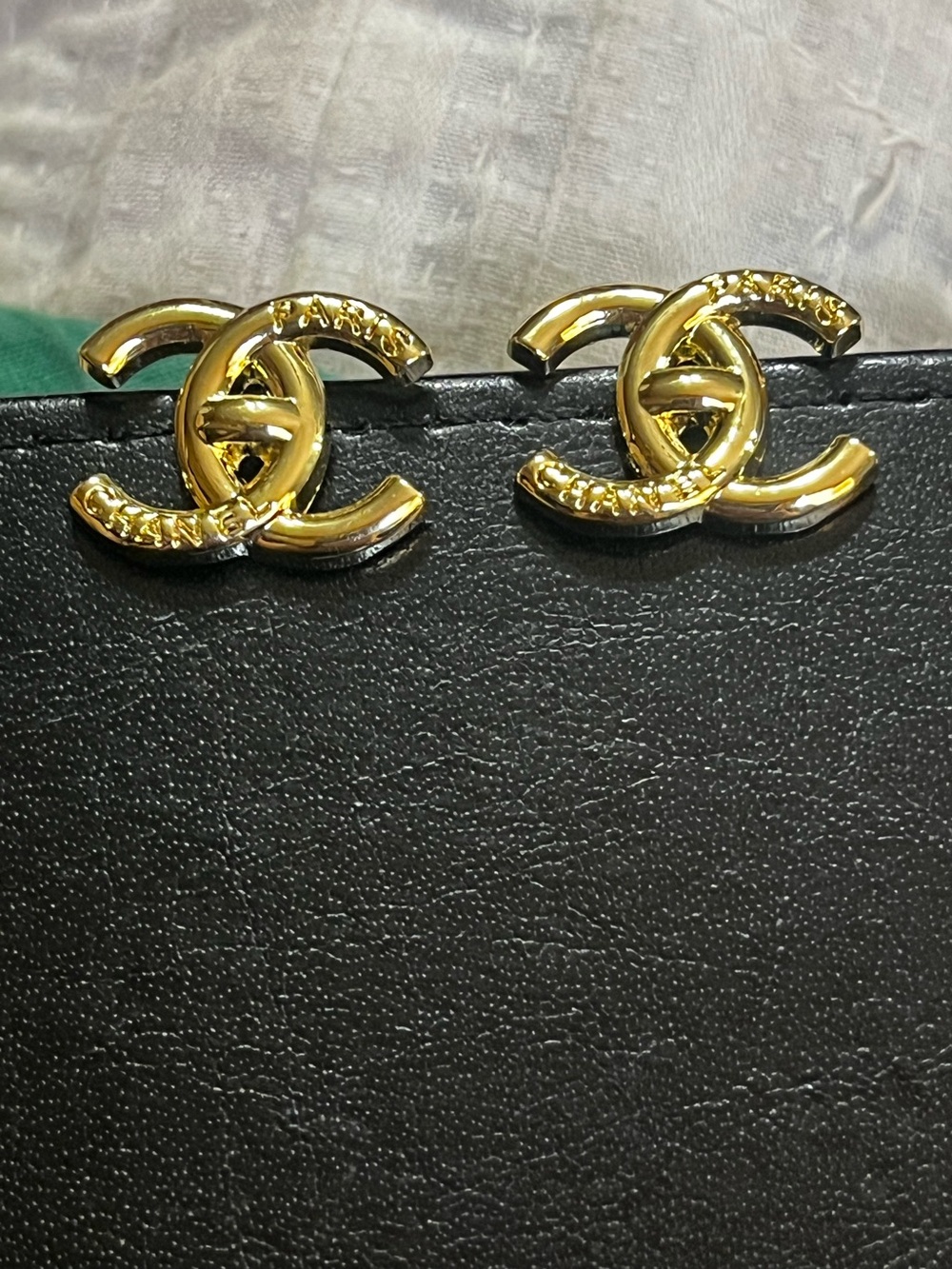 Double C Designer Gold Tone Turn Lock Letter Logo Stud Earrings
